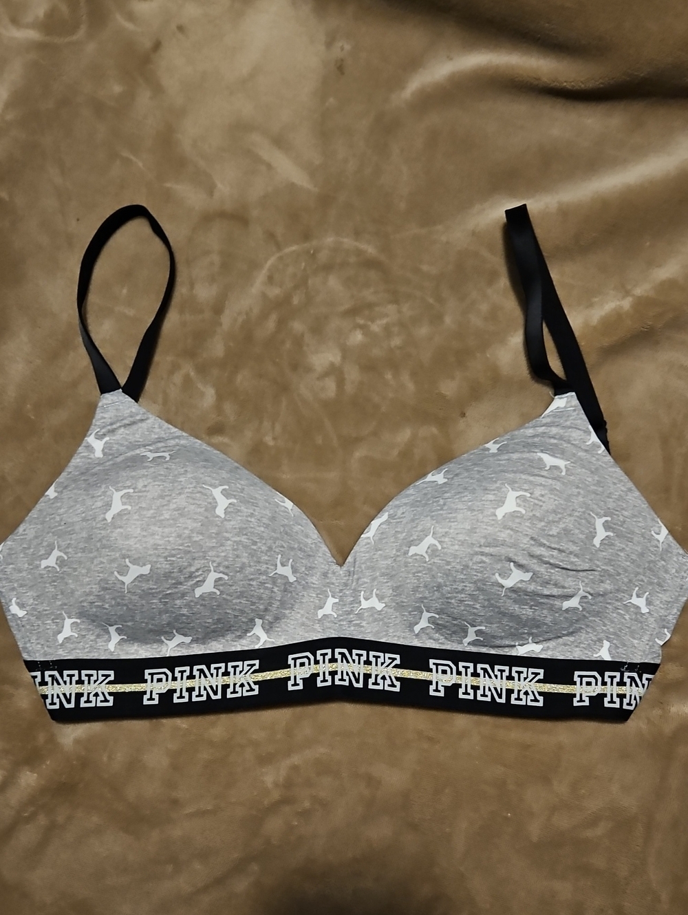 PINK Victoria's Secret Gray Logo Elastic Wireless Bralette with Black Straps